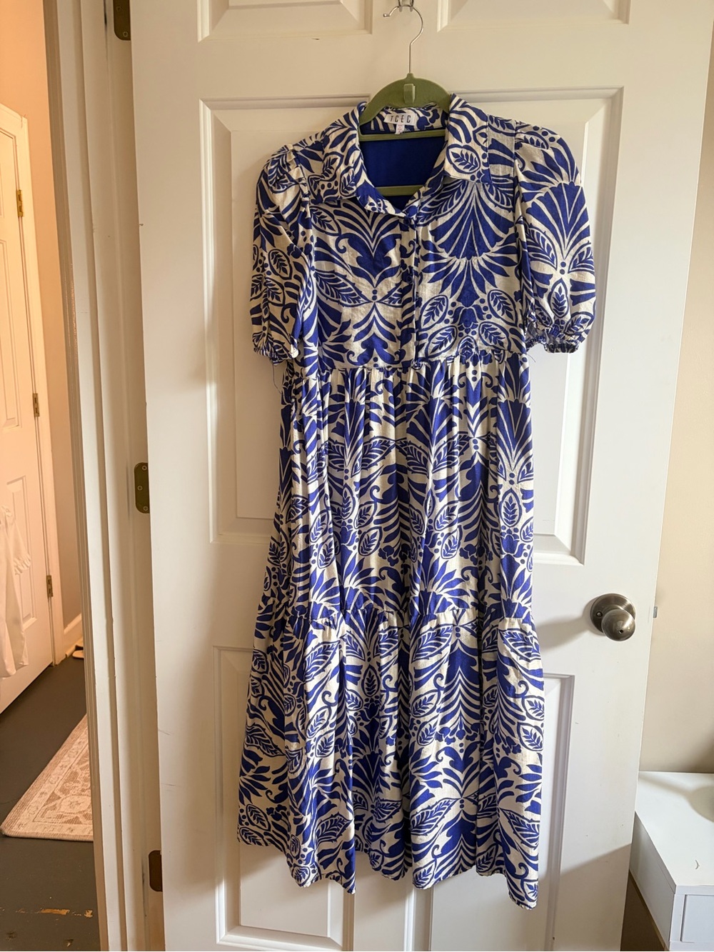 Blue and White Floral Midi Dress - Womens